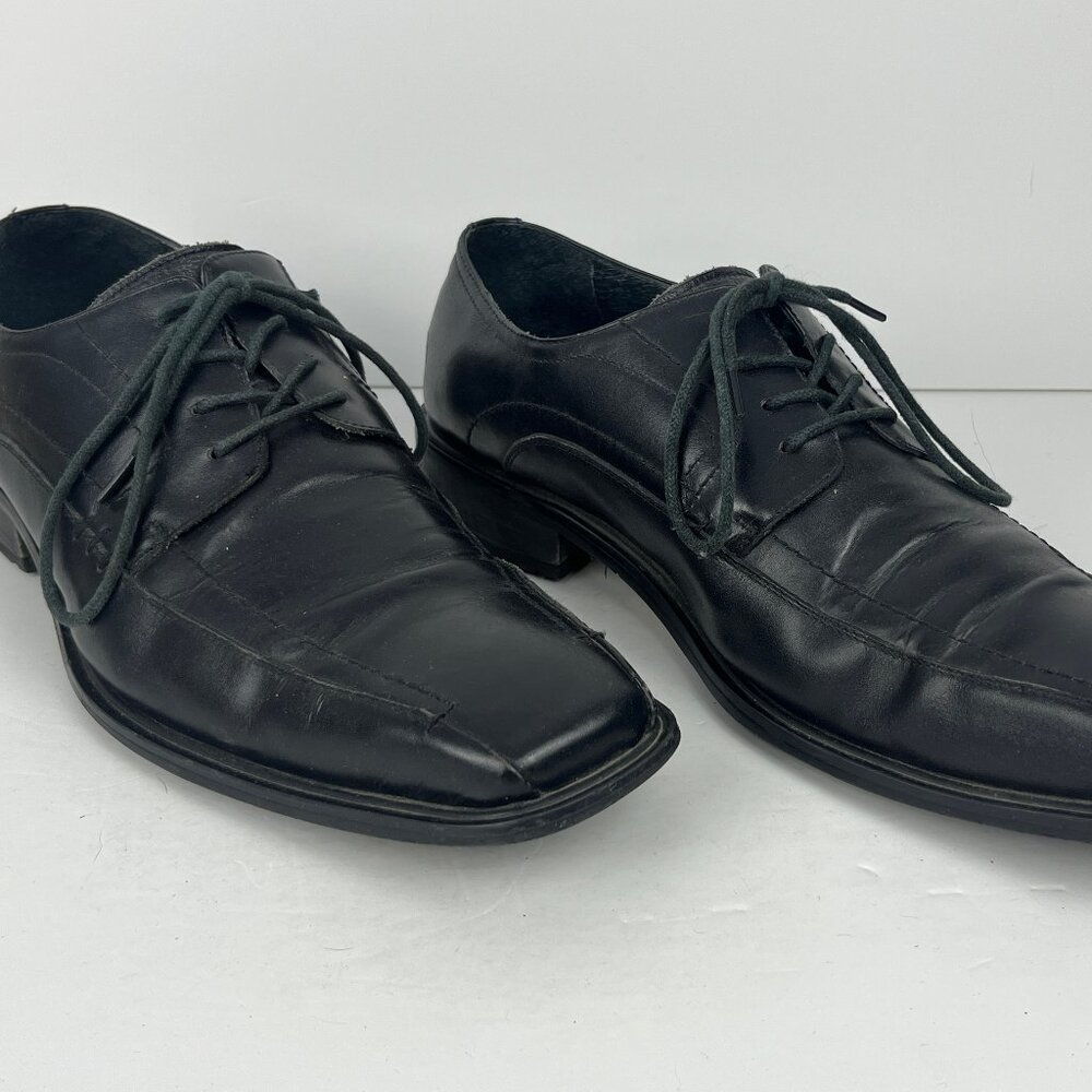 First Dress Shoes Size 10 EU 43 Black Leather Lace Up Block Heel Square Toe